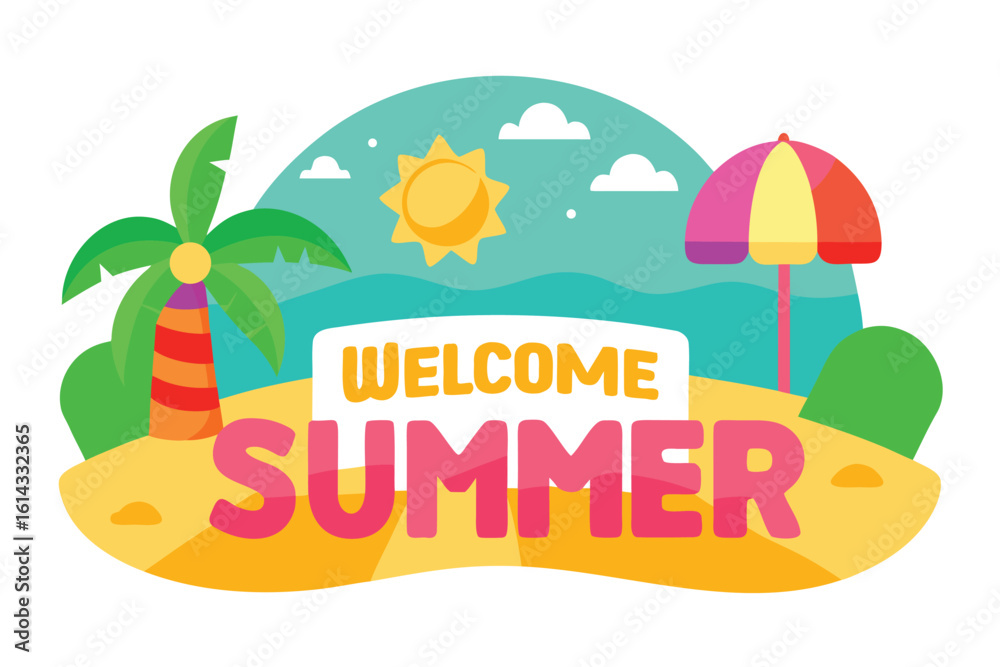 Naklejka premium Colorful Welcome Summer Illustration Featuring Beach with Palm Tree Sun and Umbrella