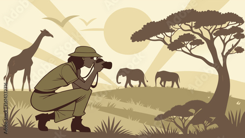 Wildlife Photographer Capturing Animals in a Serene Savanna Landscape at Sunset
