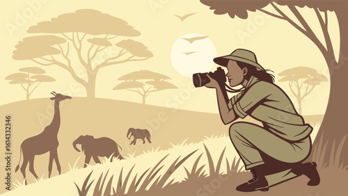Wildlife Photographer Capturing Giraffe and Elephants in African Safari