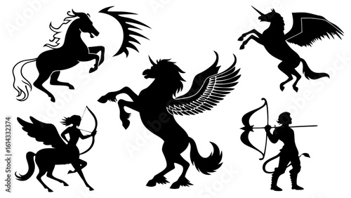Dynamic Silhouettes of Mythical Creatures Featuring Unicorns and Archers