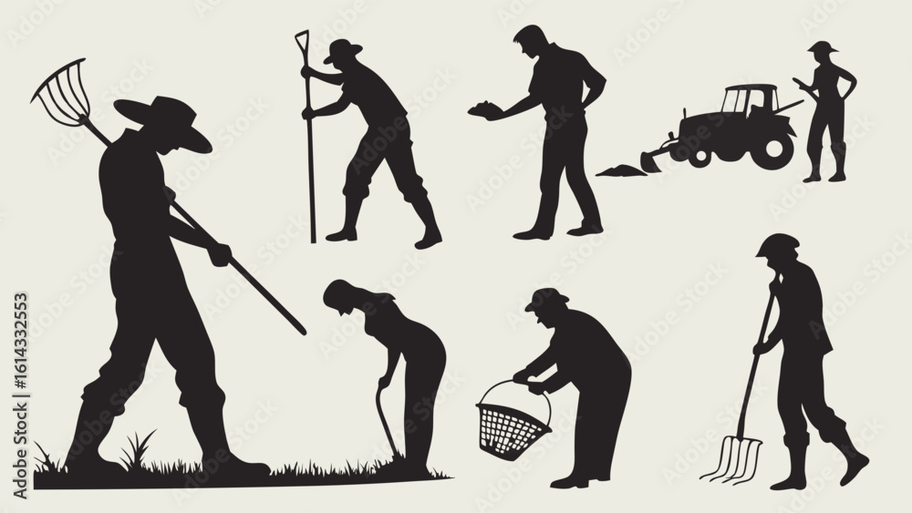 Obraz premium Silhouettes of Farmers Engaged in Various Agricultural Activities in a Field