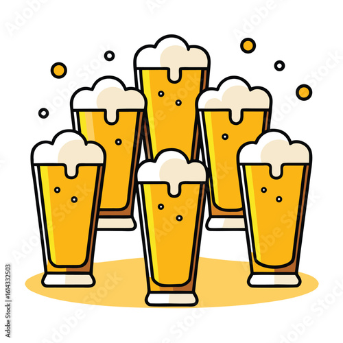 Group of Cartoon Beer Glasses Full of Golden Ale and Bubbly Foam
