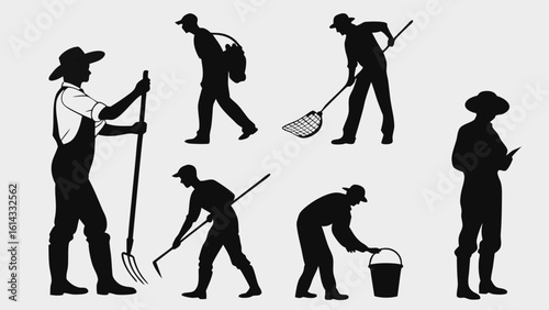 Silhouettes of Farmers Engaged in Various Agricultural Activities in the Field