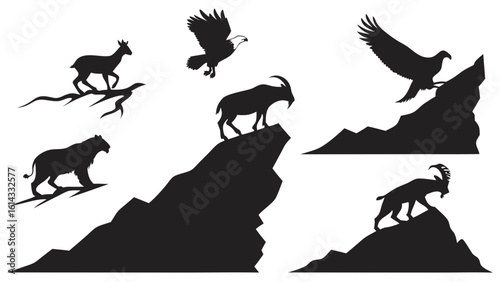 Silhouettes of Mountain Goats and Eagles in Dynamic Poses Against Rock