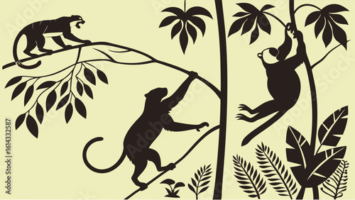 Silhouettes of Monkeys Climbing Trees Amidst Tropical Leaves in Forest