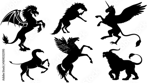 Silhouettes of Mythical Creatures Including Dragons, Unicorns, and Griffins