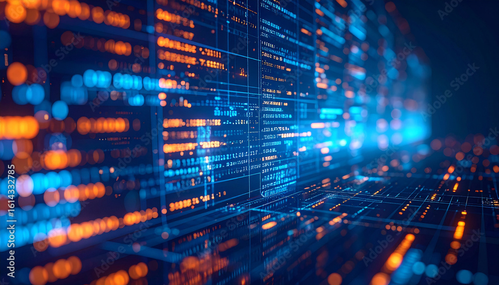 Obraz premium Cybernetic Grid: An abstract illustration of interconnected lines and dots in a futuristic grid, showcasing data visualization and technological advancement.