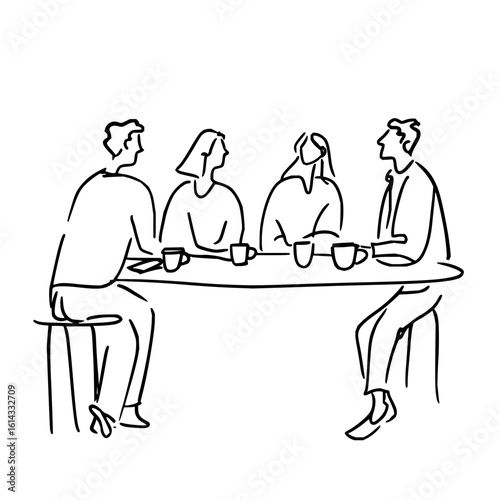 Four people sit at a table drinking coffee and talking in a sketch style drawing on a white background