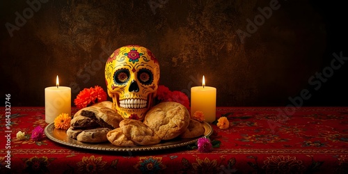 Día de los Muertos Altar with Sugar Skull, Candles, Bread, and Marigold Flowers on Red Table