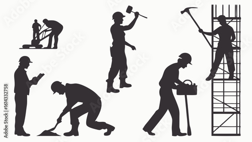 Silhouettes of Workers Engaged in Various Construction Activities on Jobsite