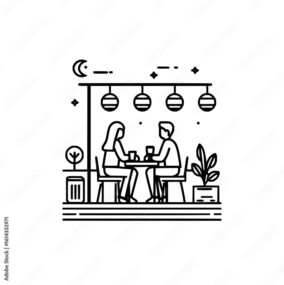 Fototapeta premium Illustration of a couple sitting at a table under hanging lights with plants and moon in the background
