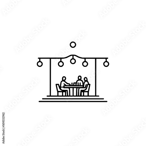 Line art illustration showing three people sitting at a table under string lights on a small stage area