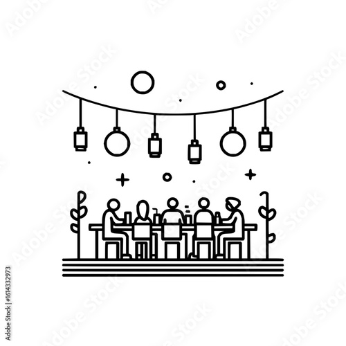 People gathered at a table under hanging lights in a line art style illustration design element