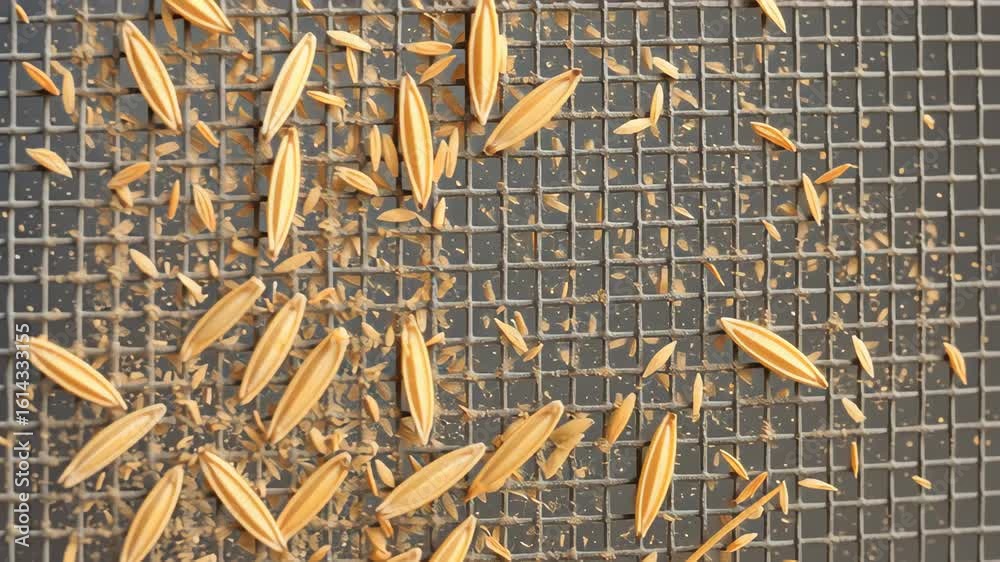 Rice grain husks falling on metal grid and black sieve in mill ...