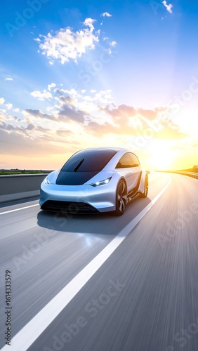 Futuristic electric car on a highway at sunset