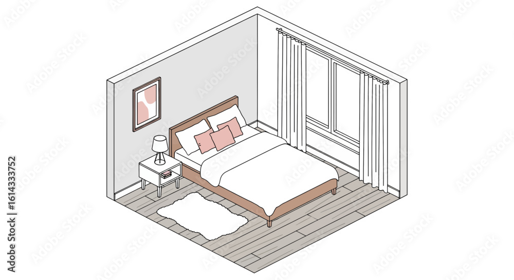 Fototapeta premium Cozy bedroom interior with bed and decorative elements in soft colors