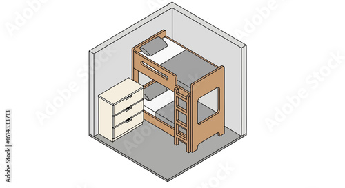 Bunk bed with dresser in cozy room layout view