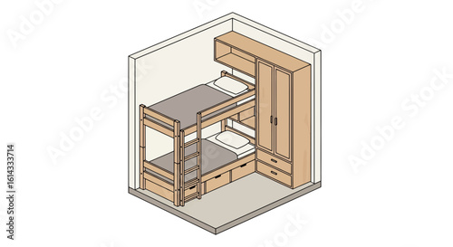 Bunk bed with storage and shelf in modern room layout