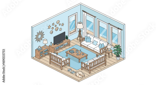 Cozy beachside living room with natural decor and light colors