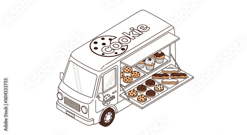 Cookie food truck selling various baked treats and desserts