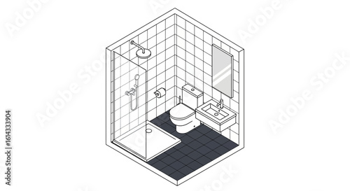 Isometric bathroom scene with shower toilet sink and mirror
