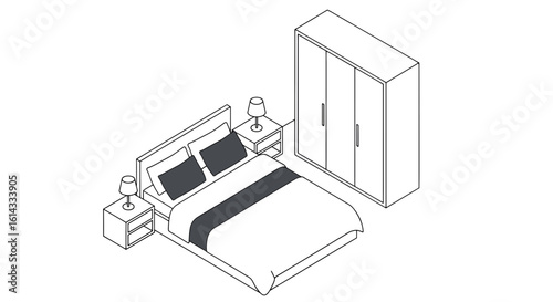 Isometric bedroom with bed wardrobe and bedside lamps in minimal style