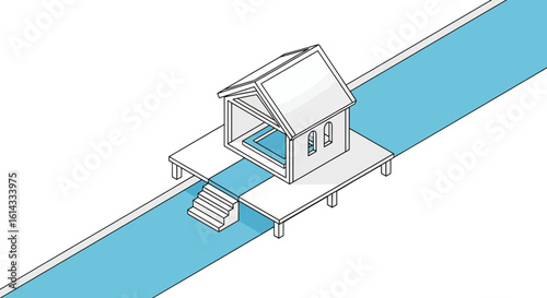Minimal house on a pier over calm blue water