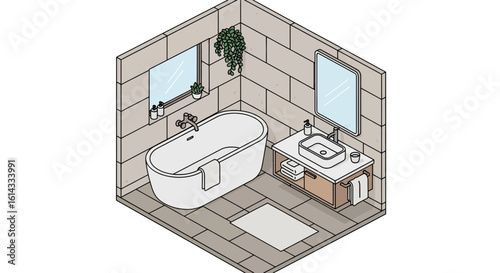 Modern bathroom interior with bathtub and sink in minimalist style