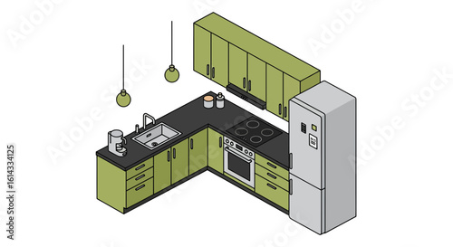 Modern kitchen setup with appliances and cabinetry in green tones
