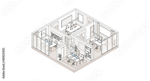 Modern office layout with multiple workstations and meeting rooms