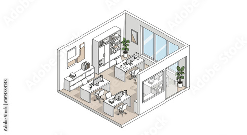 Modern office workspace with desks and plants in a minimal style