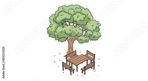 Tree with wooden table and chairs for outdoor settings