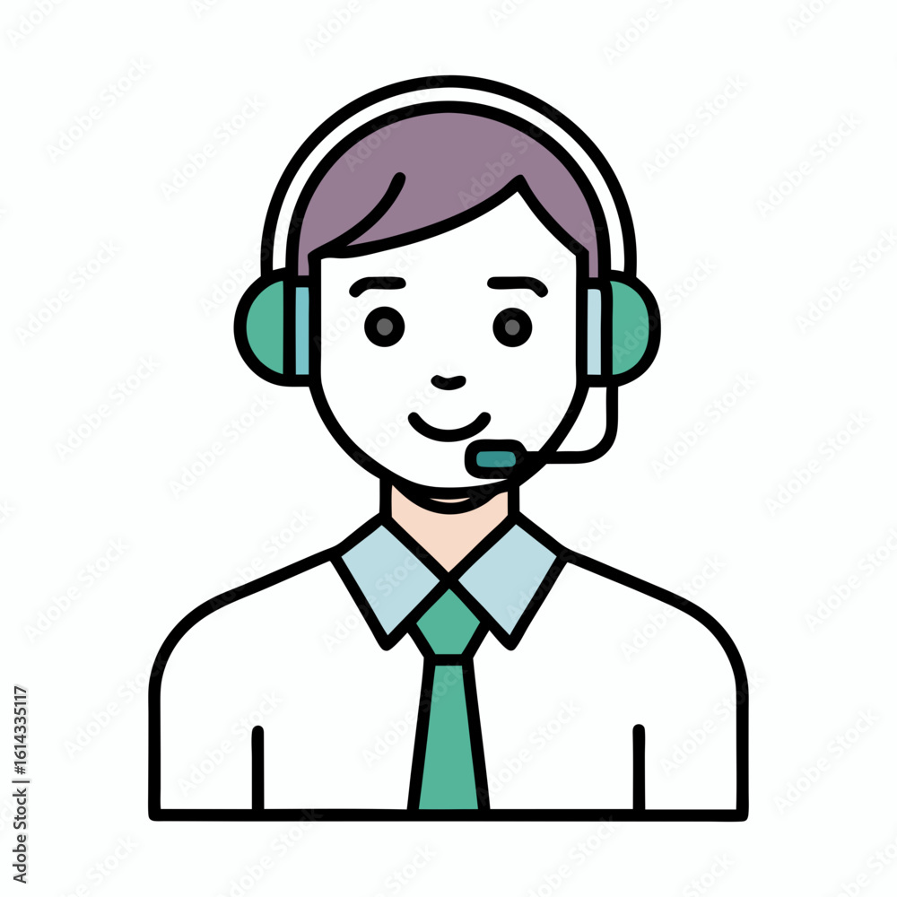 Friendly cartoon man wearing a headset and tie representing customer service or support Friendly cartoon man wearing a headset and tie representing customer service or support