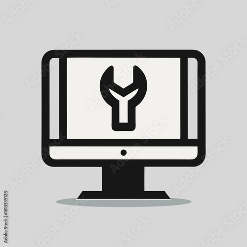 Computer screen displaying a wrench icon symbolizing technical support and computer repair services