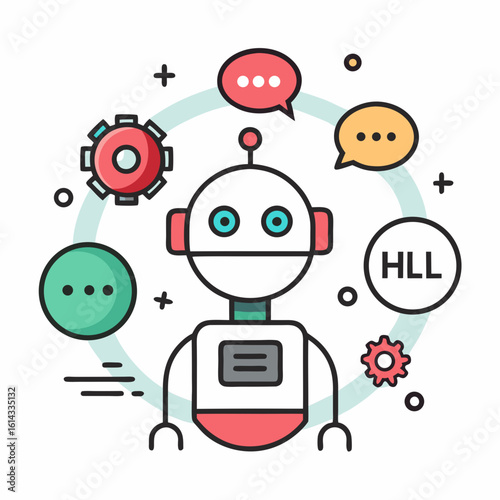 Friendly robot with speech bubbles and gears representing communication and technology