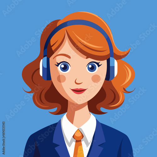 Friendly cartoon woman with red hair wearing headphones and a blue suit with an orange tie