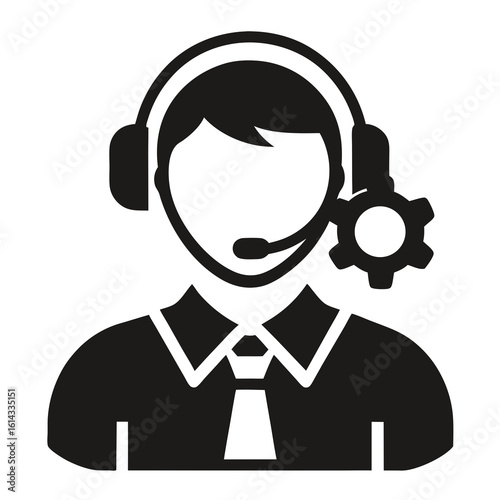 Customer service representative with headset and gear icon symbolizing technical support and problem solving