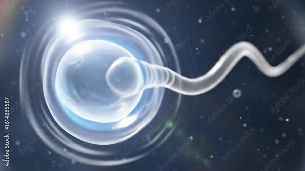 Conceptual illustration of a sperm cell fertilizing an ovum, representing the moment of human conception and the beginning of new life.