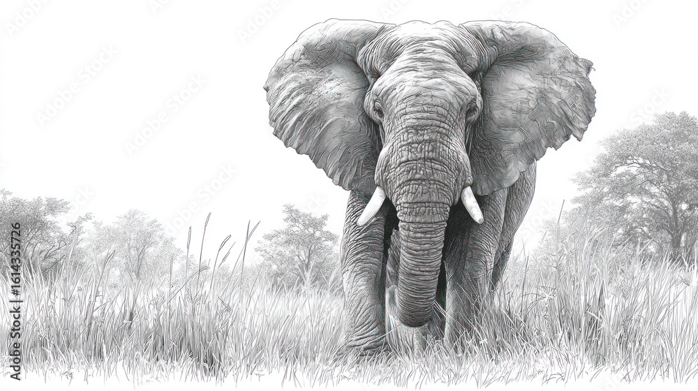 Naklejka premium Intricate pencil illustration of an African elephant facing the viewer in a grassy field