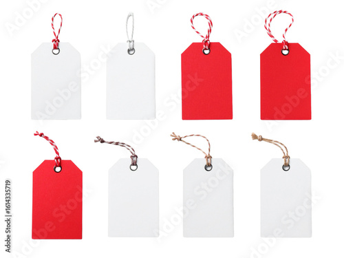 Eight white and red gift tags with strings. Perfect for holiday crafts, gift wrapping, labeling presents, and adding a festive touch.