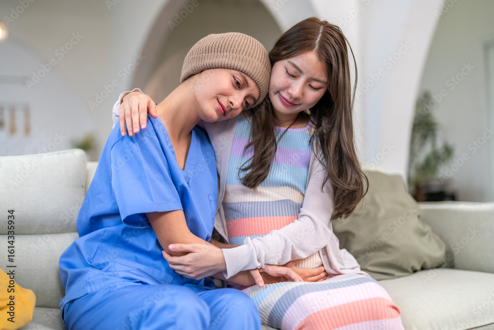 Obraz premium Cancer patient receiving emotional support and care from loved family during chemotherapy recovery, family support, caregiver encouragement, mental health awareness, chronic illness, health insurance