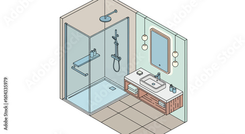 Modern bathroom interior with shower and vanity