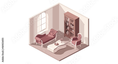 Isometric room interior with chaise lounge and cabinet