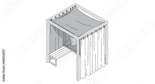 Outdoor seating area with canopy and curtains
