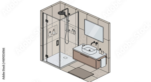 Modern bathroom interior with shower and vanity