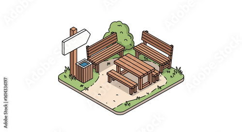 Park seating area with signpost and grassy ground