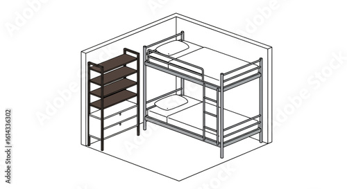 Bunk bed room interior with shelving unit