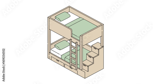 Bunk bed with storage and ladder isometric view