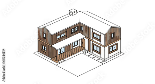 Two-story house isometric view with chimney and porch