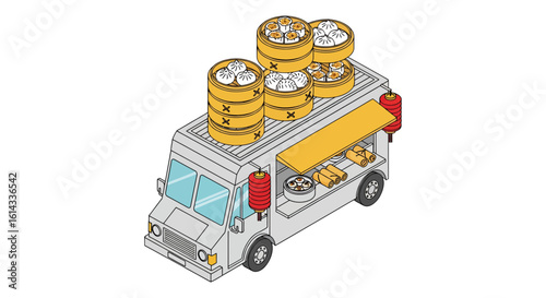 Dim sum food truck isometric view for culinary branding
